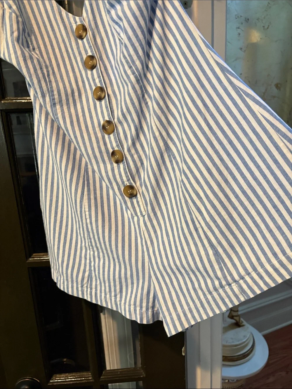 Blue & White Striped Halter Romper with Front Buttons